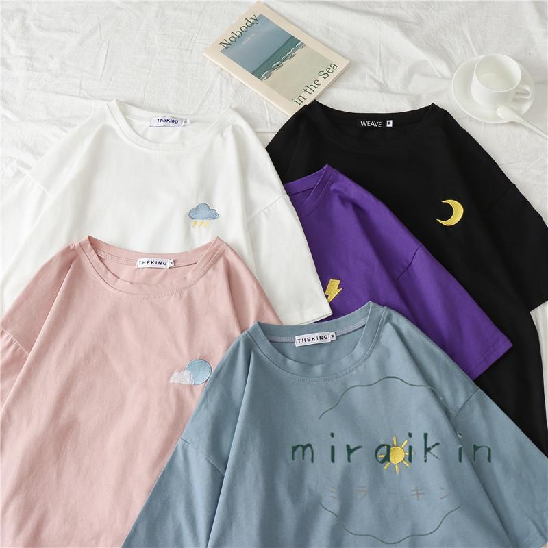 Tシャツ ゆるTシャツ 天気マーク 刺繍 ゆったり 五分袖 カラバリ
