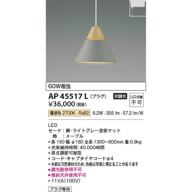 AP45517L  照明器具 LEDペンダント (プラグ)・レール専用 LED（電球色） コイズミ照明(PC)_1