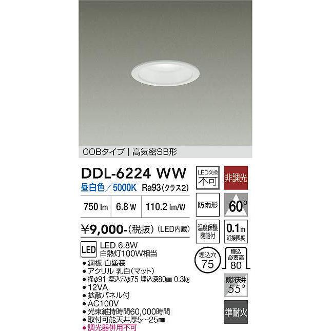 大光電機 DDL-6224WW ダウンライト 準耐火構造対応タイプ (φ75・白熱灯