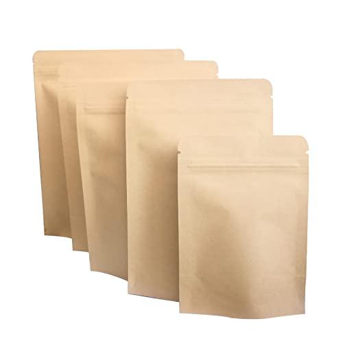 50枚入 コーヒー 豆 保存 袋 クラフト紙 内面 アルミ箔 ジップ袋 茶色 再封可能 小分け袋 自立バッグ 角底袋 密封ポーチ 防湿 防水 キ