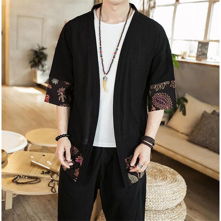 店 メンズ カーディガン 着物 浴衣七分 原宿系ゆったり 重ね着 和服 羽織 刺繍柄