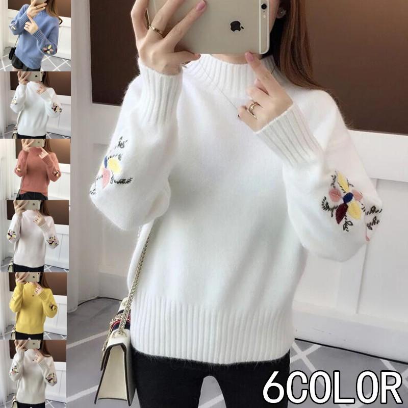 カジュアル 長袖 刺繍 丸首 クルーネック レディース ニットセーター プルオーバー 春秋冬 通勤 コットン フリーサイズ