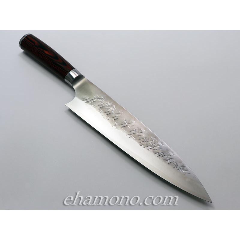 佐治作 牛刀 210ｍｍ SRS13 粉末ハイス鋼 槌目 赤合板洋柄 未使用品 佐治武士作『SRS13 粉末ハイス鋼 牛刀210』赤合板ハンドル : ehamono