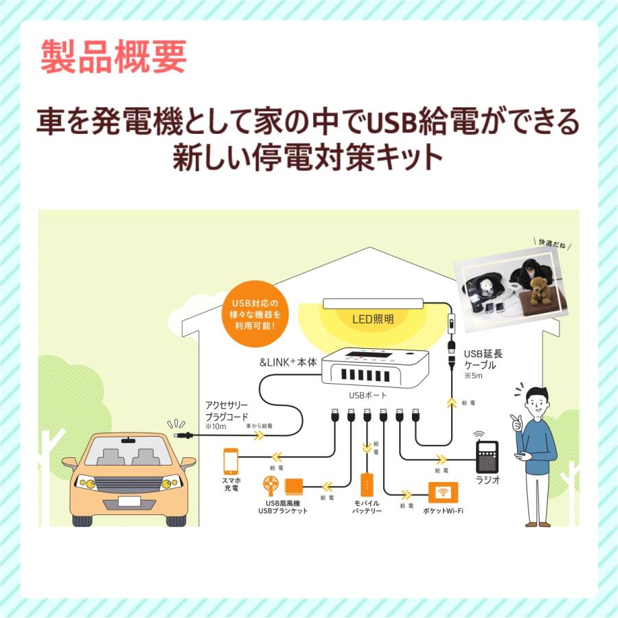 ≪未使用品・DC12V車用≫防災用USB給電装置「＆LINK+ライト」 DC12V車用】防災グッズ/防災用品/スマホ充電/【防災用USB給電