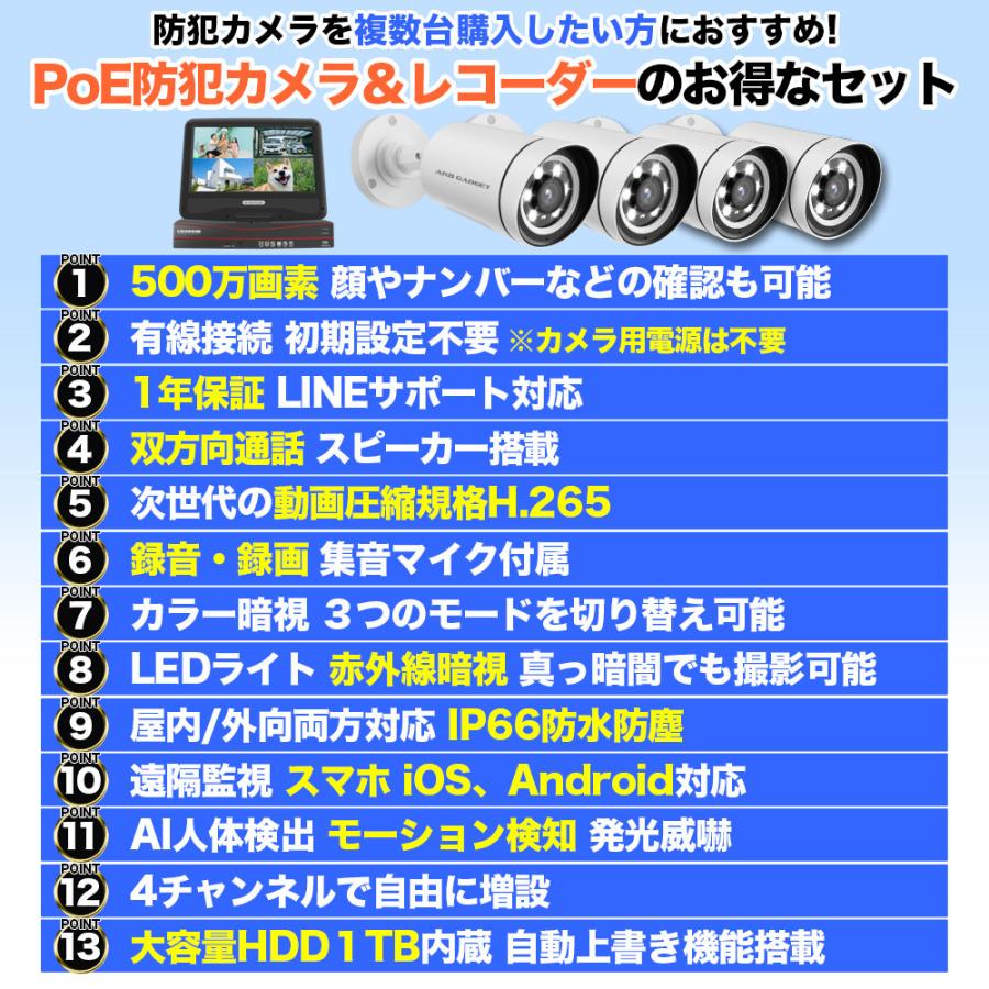 防犯カメラ 家庭用 屋外 poe セット AI検知 500万画素 カメラ4台 poe給電 監視カメラ 電源不要 LED防犯灯付き モニター付き HDD付き ネット環境不要｜akb-gadegt｜02