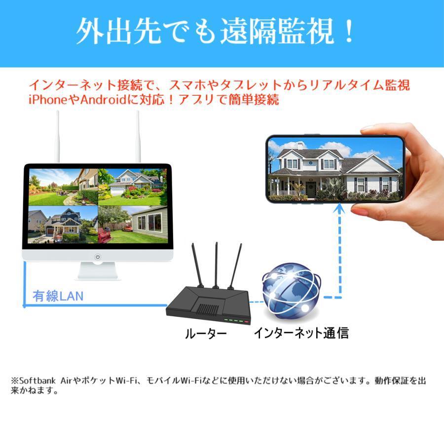 防犯カメラ 屋外 セット 家庭用 ワイヤレス wifi 16インチ モニター付き カメラ2台 赤外線モード 夜間 カラー スマホ遠隔監視 HDD付き 10チャンネルまで増設可｜akb-gadegt｜05