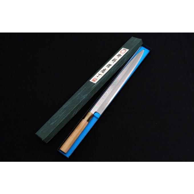 未使用品｜伯龍宗良 柳刃包丁 尺 霞 白銀鋼 平鏡面 水牛朴八角柄 箱付