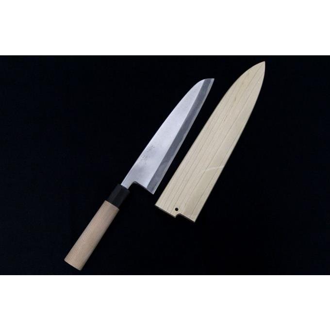 美品｜釜浅商店 相出刃包丁 七寸半 霞 本鍛造 水牛朴栗型柄 白鞘付