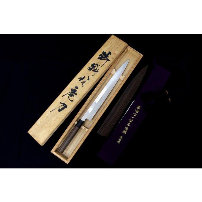 粟田口 一竿子忠綱と同手 薄刃包丁　本焼　八寸　黒檀柄 未使用品｜粟田口一竿子忠綱 柳刃包丁 尺一 本焼 水牛縞黒檀八角柄 縞