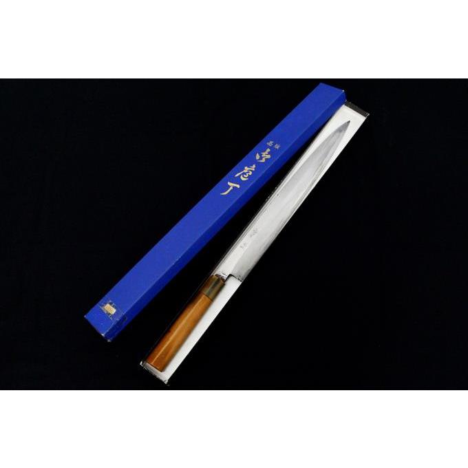 美品｜康之 丸越産業 柳刃包丁 尺一 霞 白鋼 水牛朴栗型柄 名入 箱付 