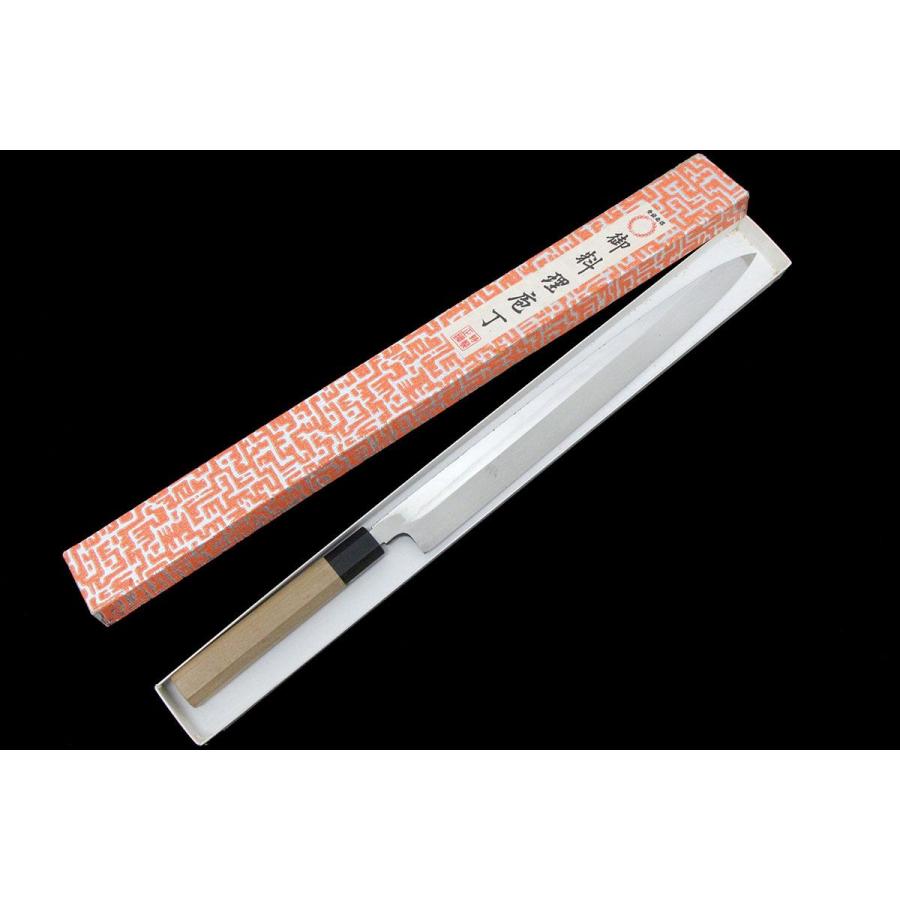 未使用品｜無銘 柳刃包丁 本焼 尺一 平鏡面 朴柄 箱付 KN02-A8028-2L2C