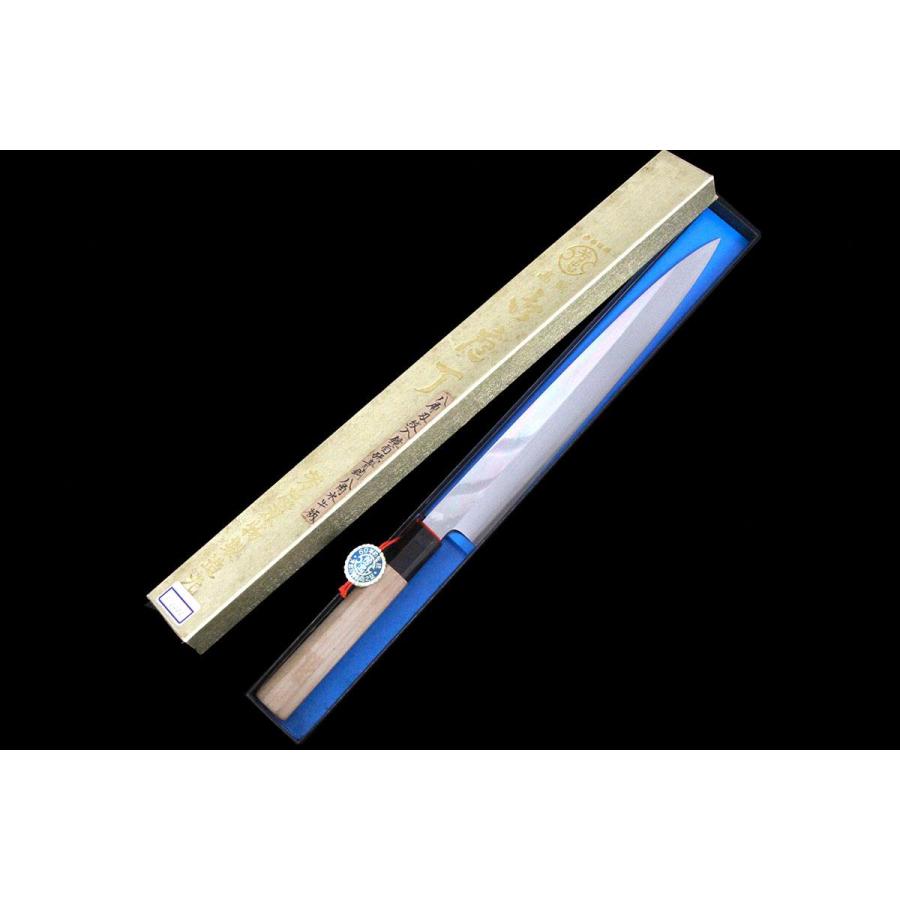 未使用品｜堺芳忠 柳刃包丁 九寸 純正鋼 積層 平鏡面 賜台覧 朴柄 箱付