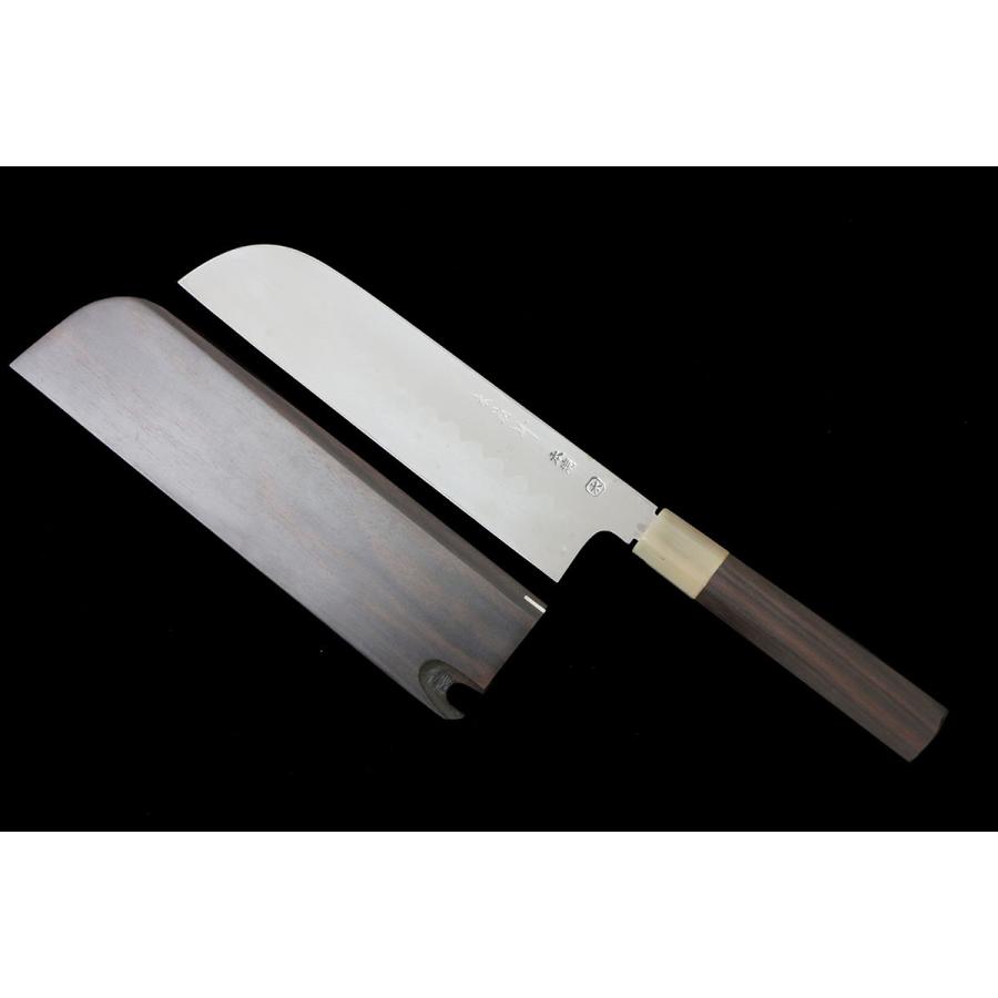 未使用品｜子の日 鎌型薄刃包丁 水本焼 八寸 水鏡研 黒檀柄 黒檀鞘・箱