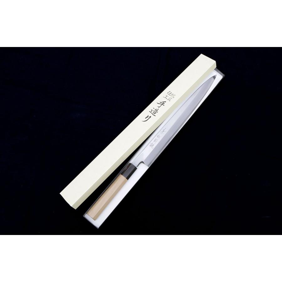 未使用品｜兼松 柳刃包丁 霞 尺 別誂 鏡面 青鋼 八角水牛柄 箱付 KN02