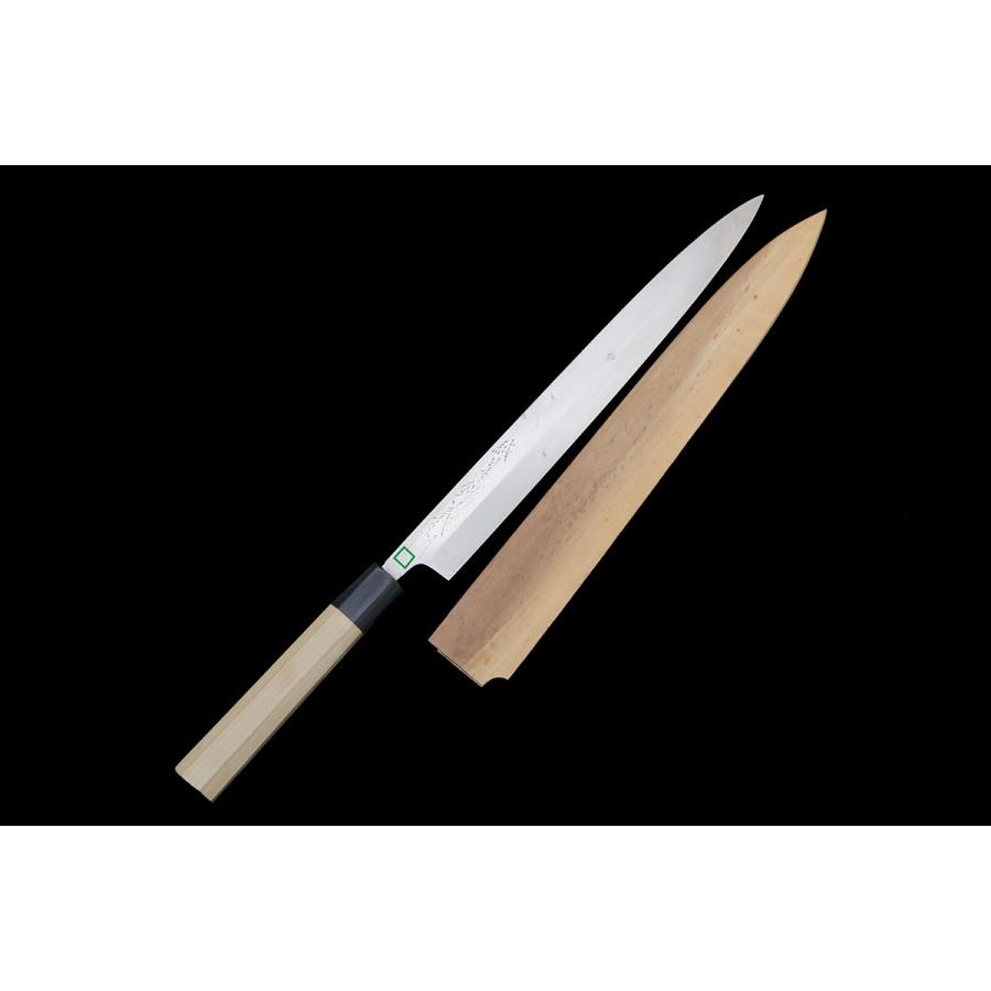 美品｜義門 柳刃包丁 本焼 尺一 純日本鋼 朴柄 白鞘付 名入 KN02-B4367