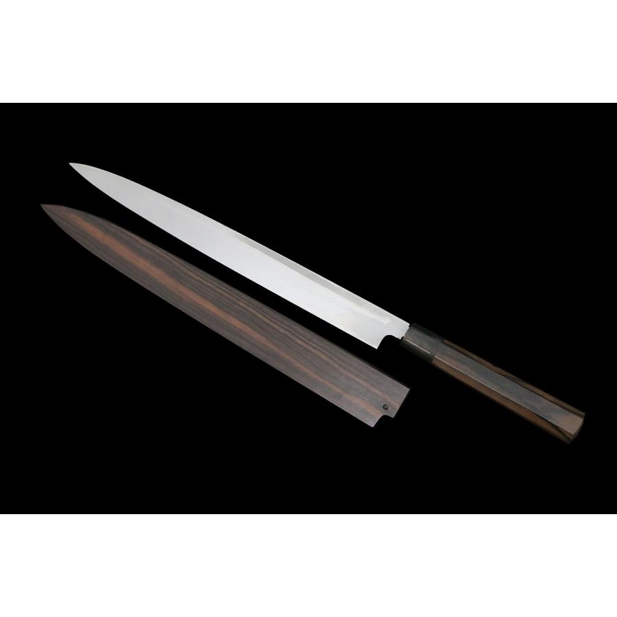 未使用品｜不動國行 河豚引包丁 本焼 尺一 黒檀柄 黒檀鞘付 KN02-B6080