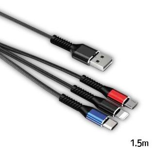 【メール便選択可】USB3.1 typeC+microUSB+iPhoneマルチメッシュケーブル 3in1 同時給電 高耐久｜akibaoo