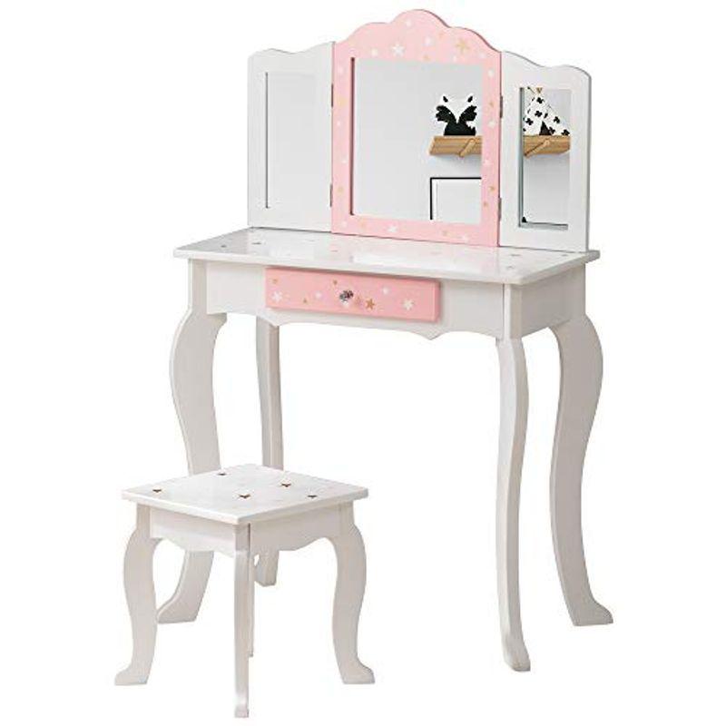 安い通販サイト おままごとドレッサー 子供用ドレッサー 可愛い 三面鏡 木製 化粧台 鏡台 スツール付き 引き出し コスメ収納 誕生日プレゼント ピンク 送料無料 Www Ai Center Pk