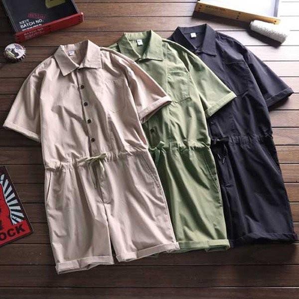 半袖シャツ つなぎ オールインワン つなぎ ショートパンツ オールインワン おしゃれ 無地 メンズ 上下一体型 上下一体型 オーバーオール