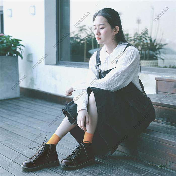ショートブーツ ワークブーツ レディース 編上げブーツ ハイカット 本革 フラット お嬢様 学生 大人 靴 春秋冬 厚底 イギリス風 革ブーツ ローヒール 052 Zjn 105 2 Inotenka 通販 Yahoo ショッピング