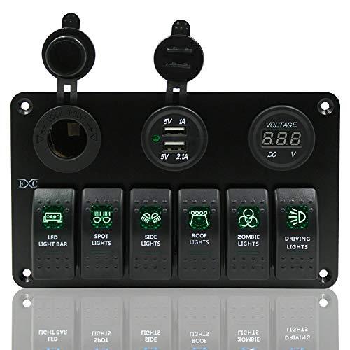 6ガンロッカースイッチパネルヒューズパネル防水、デジタル電圧計ディスプレイ、デュアルUSBチャージャーポートDC 12 V電源ソケット、RV