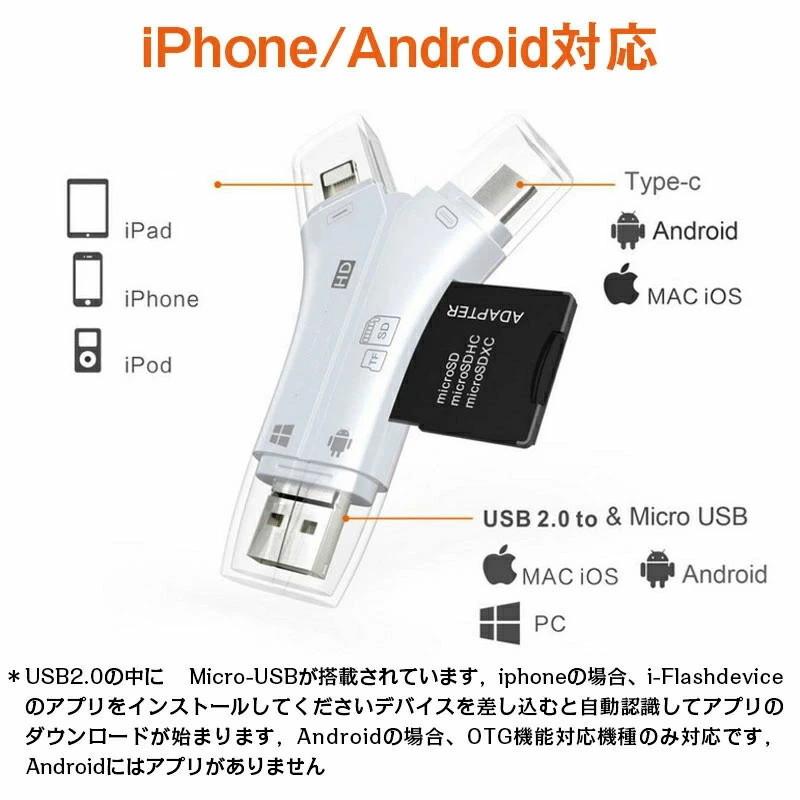 SDカードリーダー USBメモリ カメラリーダー USB メモリー マルチカードリーダー 4in1 iPhone iPad Android Type-C 内蔵 メモリー 携帯 写真 保存｜akiya-store｜12