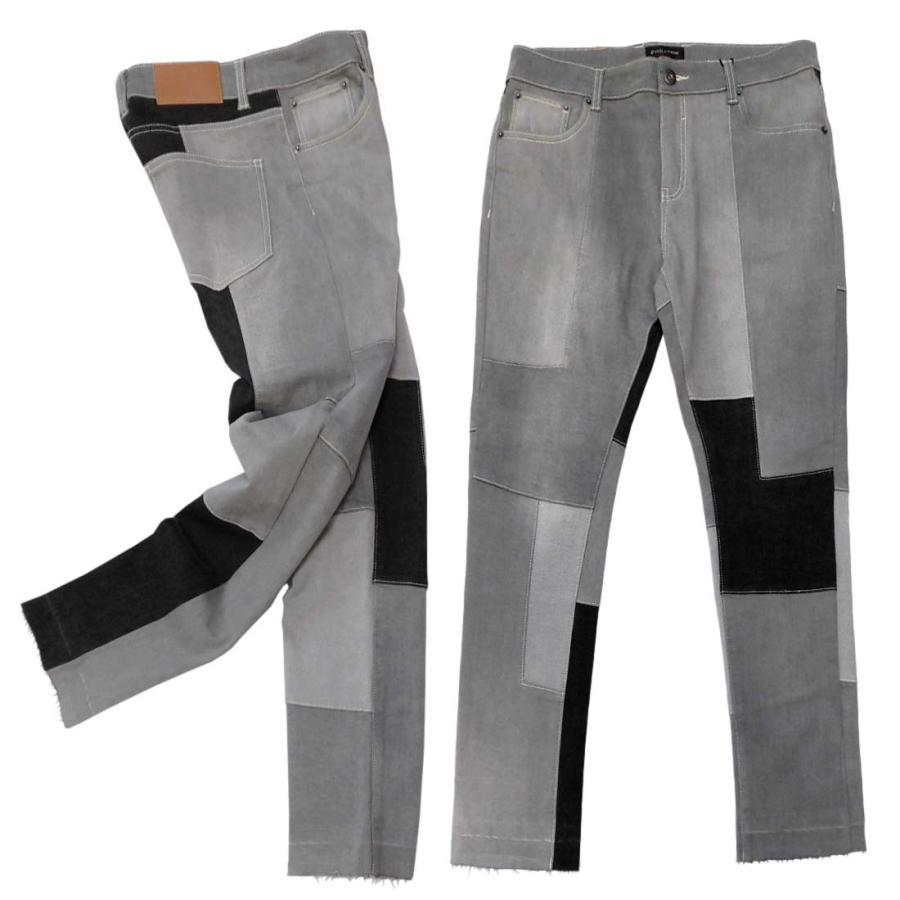 ストレッチ デニム メンズ パッチワーク 切替 配色 マッチング 伸縮 ジーンズ 切りっ放し 加工 Evolution 現金特価