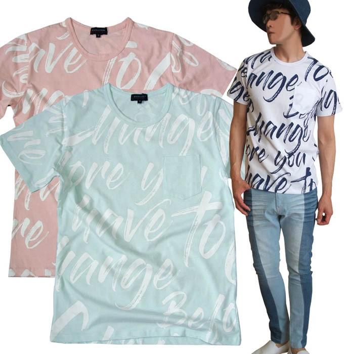 半袖Tシャツ 総柄ロゴ メンズ 英文字 英字プリント 胸ポケット