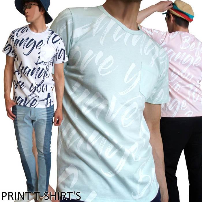 半袖Tシャツ 総柄ロゴ メンズ 英文字 英字プリント 胸ポケット