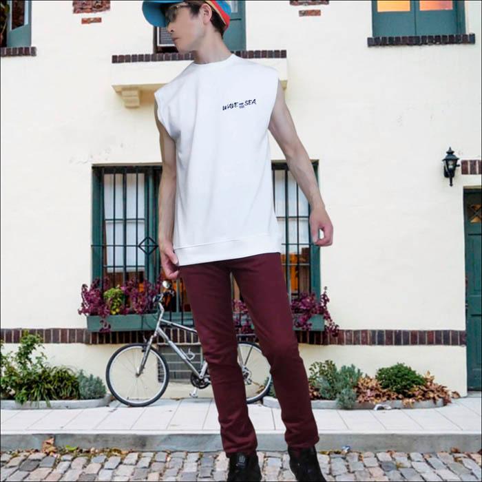 ノースリーブ メンズ Tシャツ 刺しゅう入り ワンポイント カットオフ 