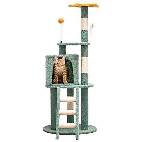 Mwpo キャットタワー かわいい おしゃれ 猫タワー スロープ 爪とぎ コンパクト 運動不足 据え置き 省スペース グリーン ペット用品 21年レディースファッション福袋
