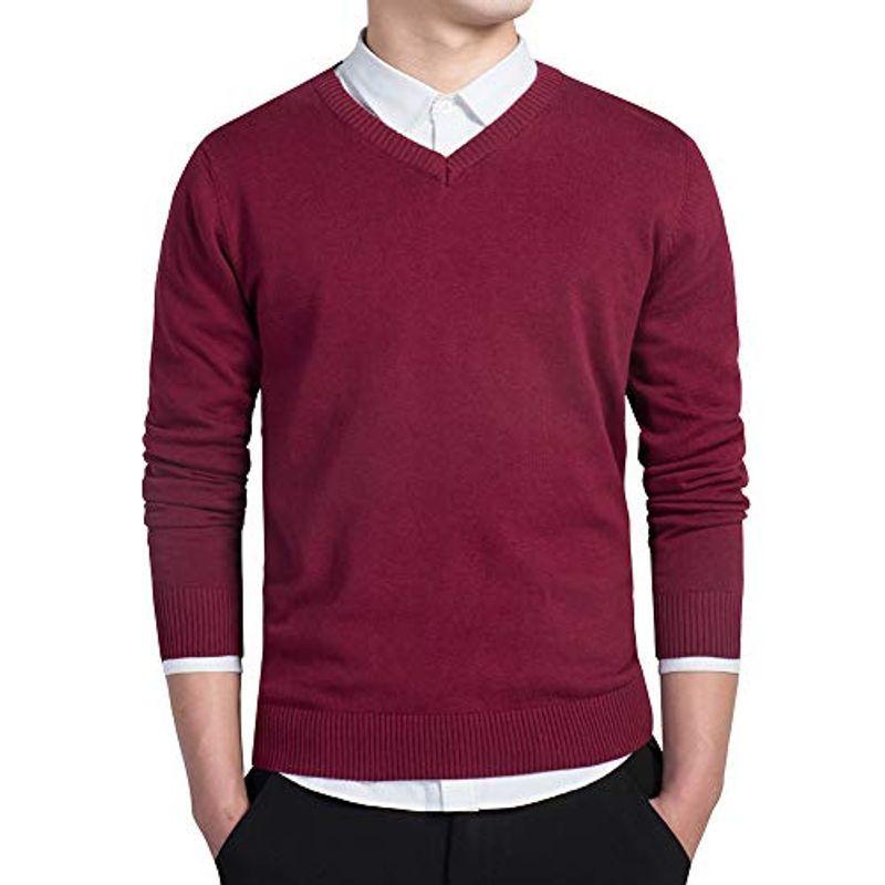 激安特価品 Amilia メンズ ニット セーター Vネック コットン100 無地 長袖 カジュアル 秋冬 Xxl ワインレッド Babylonrooftop Com Au