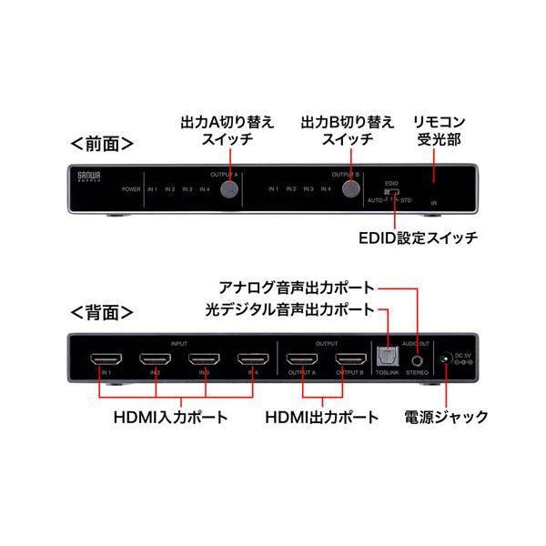 サンワサプライ 4K・HDR・光デジタル出力付きHDMIマトリックス切替器(4入力・2出力) SWHDR42H サンワサプライ 4K HDR 光デジタル出力付きHDMIマトリックス切替器 4入力 2出力 SWHDR42H