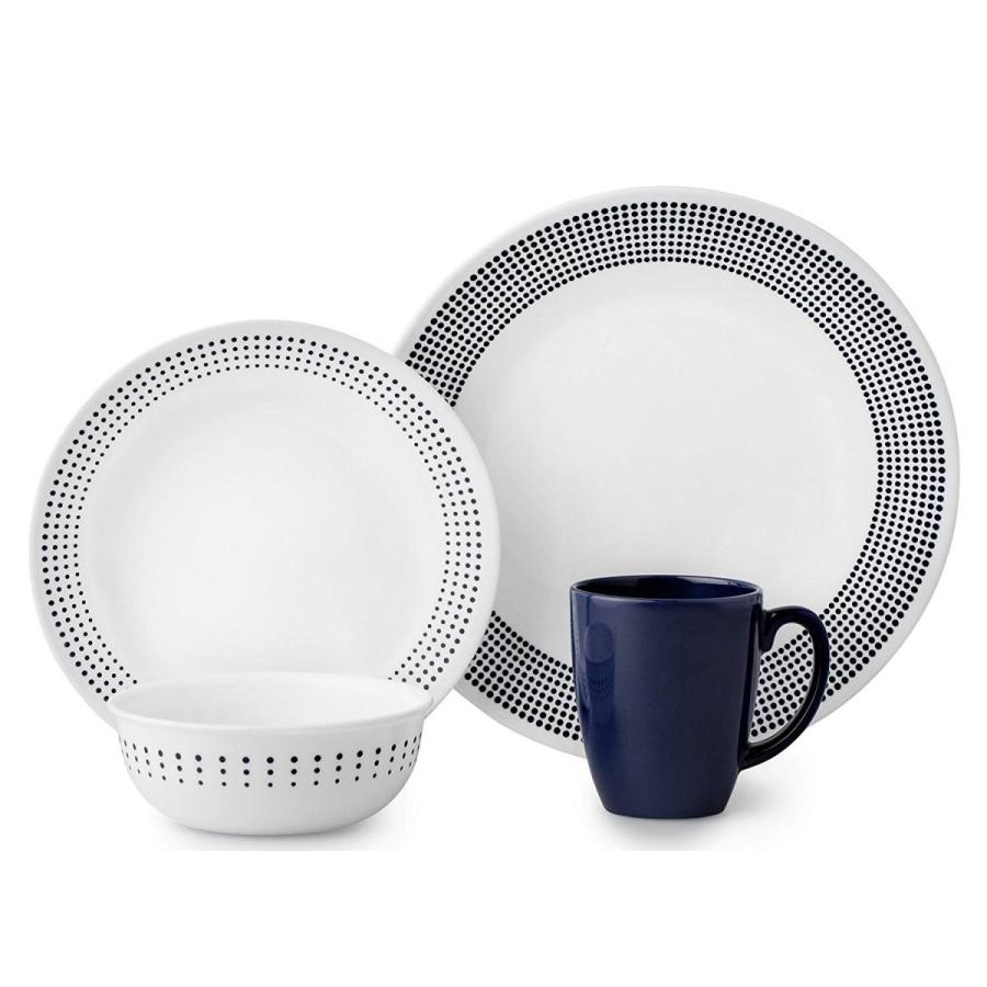 コレール 食器16点セット ディナーウェアー ベイサイドドット ネイビー・ホワイト マグカップ Corelle 3654A Bayside Dots Navy Dinner Set, Navy, White｜akt8