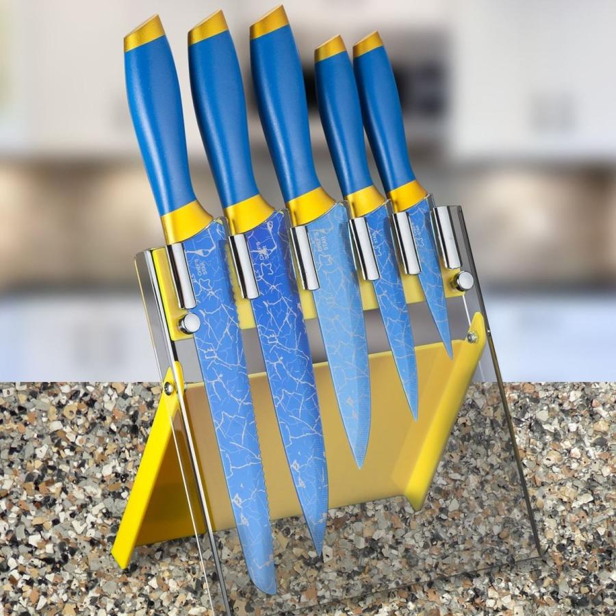 シェフズスター キッチンナイフセット 包丁 スタンド付 ６点セット Chef's Star 6 Piece Kitchen Knife Set, Blue and Yellow Accented Handles MPKN003