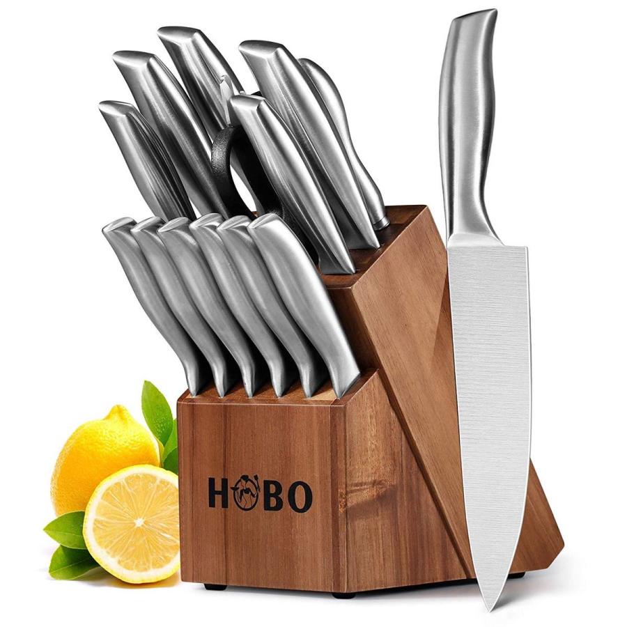 キッチンナイフセット 包丁セット 14点セット キッチンバサミ シャープナー スタンド付 ステンレス HOBO Knife Set,14-Piece Knives with Wooden Block｜akt8