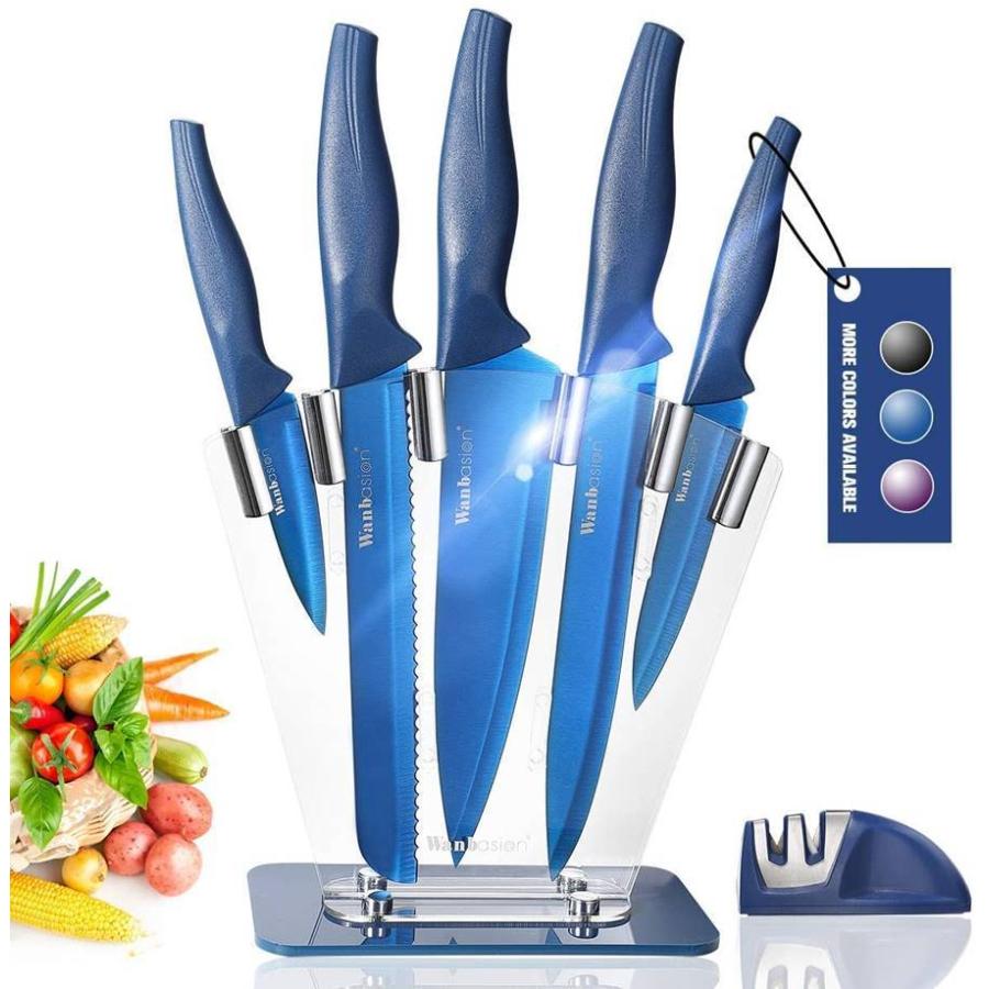 キッチンナイフ7点セット 包丁セット スタンド付 シャープナー ブルー ワンバシオン Wanbasion Kitchen Knife Set 刃物 シェフ デザインナイフ プロ
