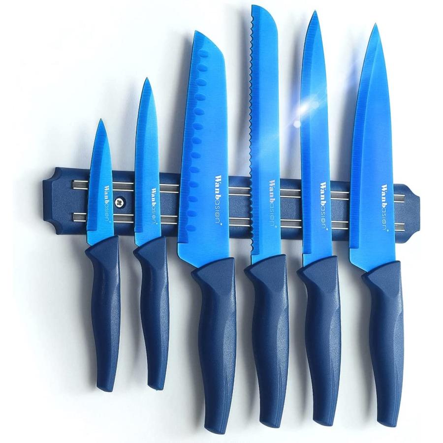 キッチンナイフ7点セット 包丁セット 刃物 マグネットバー付 ブルー
