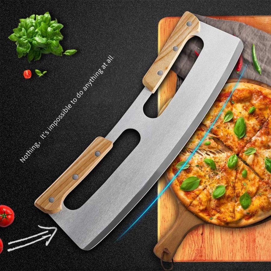 ピザカッター ピザクラストカッター 半月型カッター メッツァルーナ ピザ包丁 ロッキングカッター 調理器具 ウッドハンドル Pizza Cutter Rocker Blade Knife｜akt8｜06