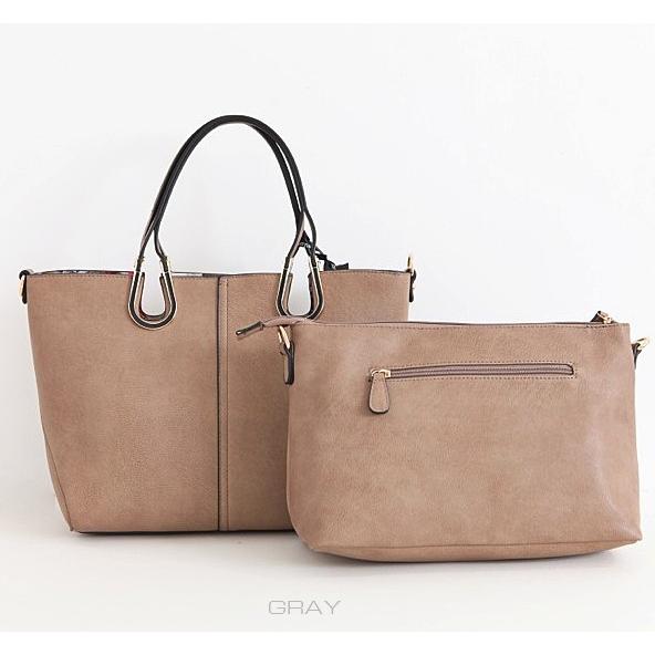 トートバッグ PUレザー ポーチ付き グレー GRAY 飾り金具付(蹄鉄 トートバッグ PUレザー ポーチ付き グレー GRAY 飾り金具付(蹄鉄