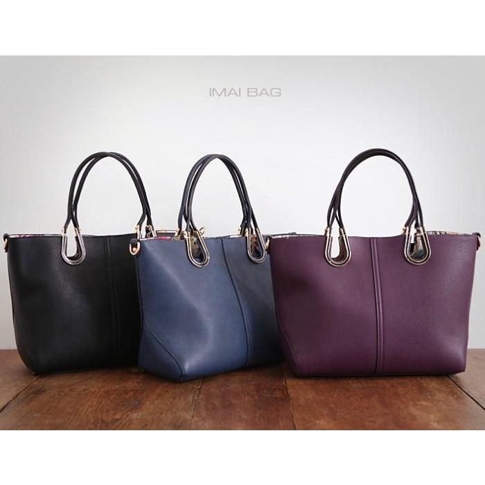 トートバッグ PUレザー ポーチ付き ブルー N.BLUE 飾り金具付(蹄鉄