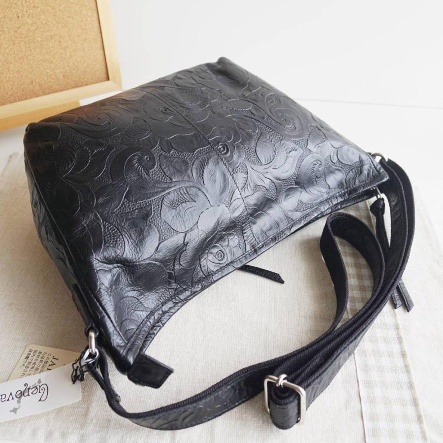 牛革 ショルダーバッグ バラ型押し 本革 日本製 ブラック No.2515