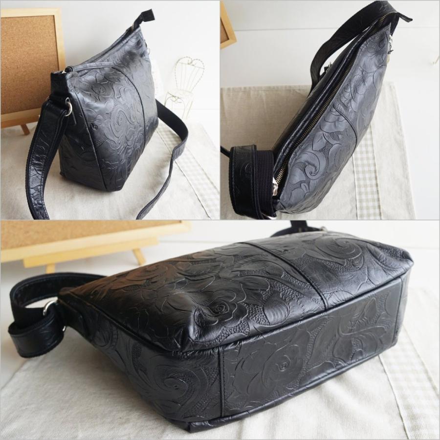 牛革 ショルダーバッグ バラ型押し 本革 日本製 ブラック No.2515