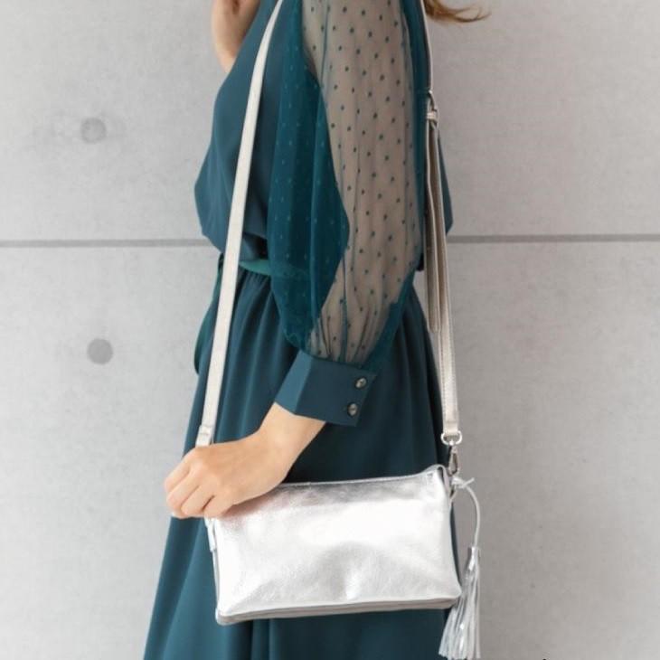 ショルダーポーチ クラッチバッグ ポシェット 牛革 シルバー No.99366