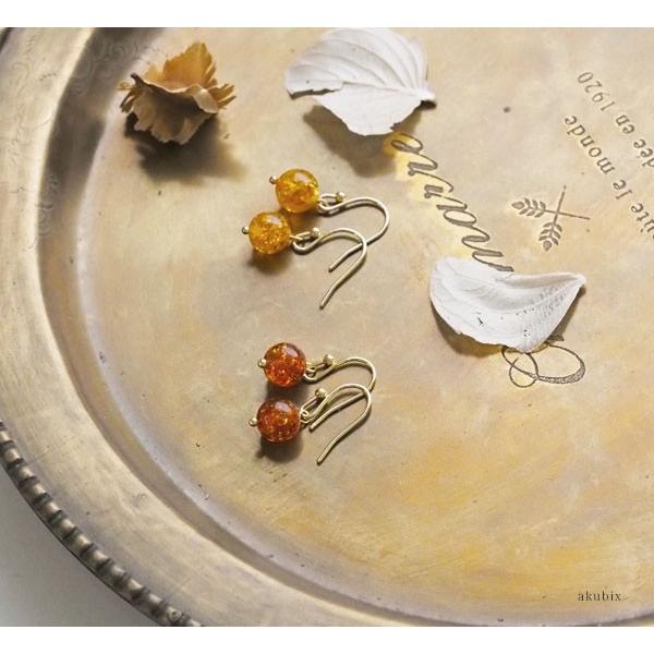 天然石 ゴールドピアス 琥珀 イヤリング ラウンドカット アンバー 