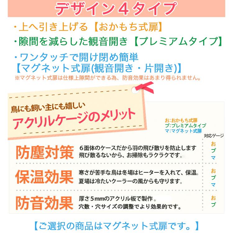 アクリルバードケージマグネット両開き・ワイドタイプW620×H600×D450オウム・インコ・鳥・小動物用アクリルケージアクリルケース　国産　透明　アクリル板 空気穴