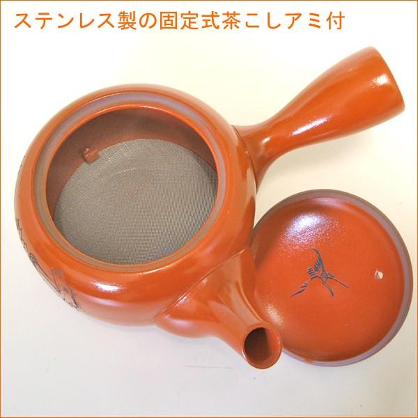 急須 新回転急須 国産 馬 朱泥 万古焼 彫 400cc ステンレス製の固定式