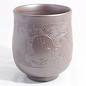 万古焼 湯のみ セット 伝統工芸士 市川祥司作 唐獅子彫 夫婦湯のみ 木