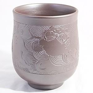 万古焼 湯のみ セット 伝統工芸士 市川祥司作 唐獅子彫 夫婦湯のみ 木