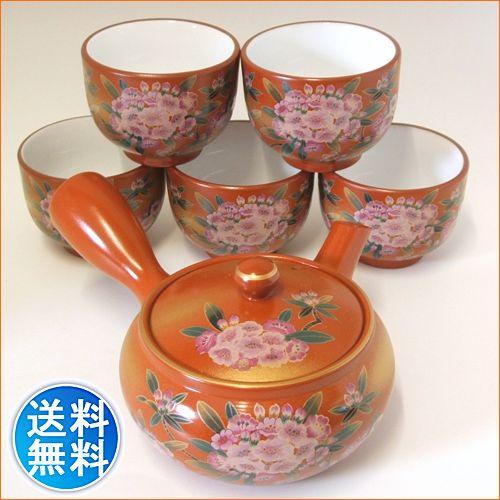 急須セット 茶器セット 新回転急須 贈答用 お祝い用 ステンレス製の固定式茶こしアミ付 平丸朱泥石楠花６点セット